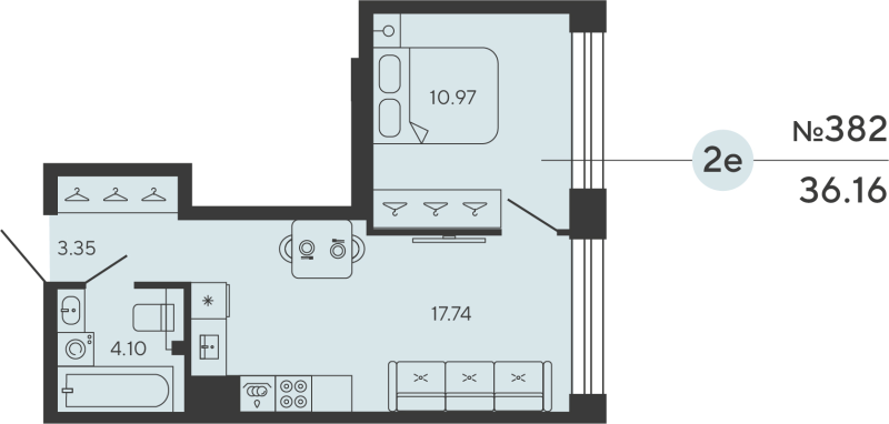 2-комнатная (Евро) квартира, 36.16 м² в ЖК "Bashni Element" - планировка, фото №1