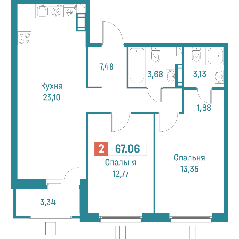 3-комнатная (Евро) квартира, 67.06 м² в ЖК "Графика" - планировка, фото №1