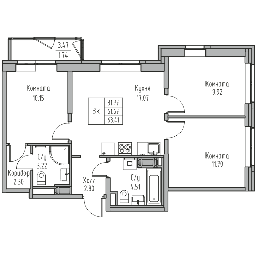 4-комнатная (Евро) квартира, 63.41 м² в ЖК "Юнтолово" - планировка, фото №1