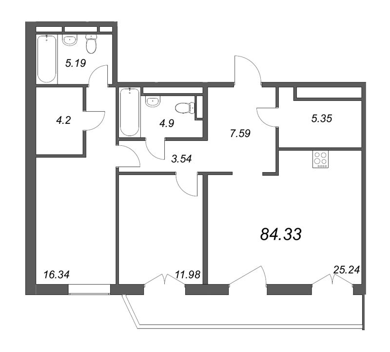 3-комнатная (Евро) квартира, 84.33 м² в ЖК "Большой, 67" - планировка, фото №1