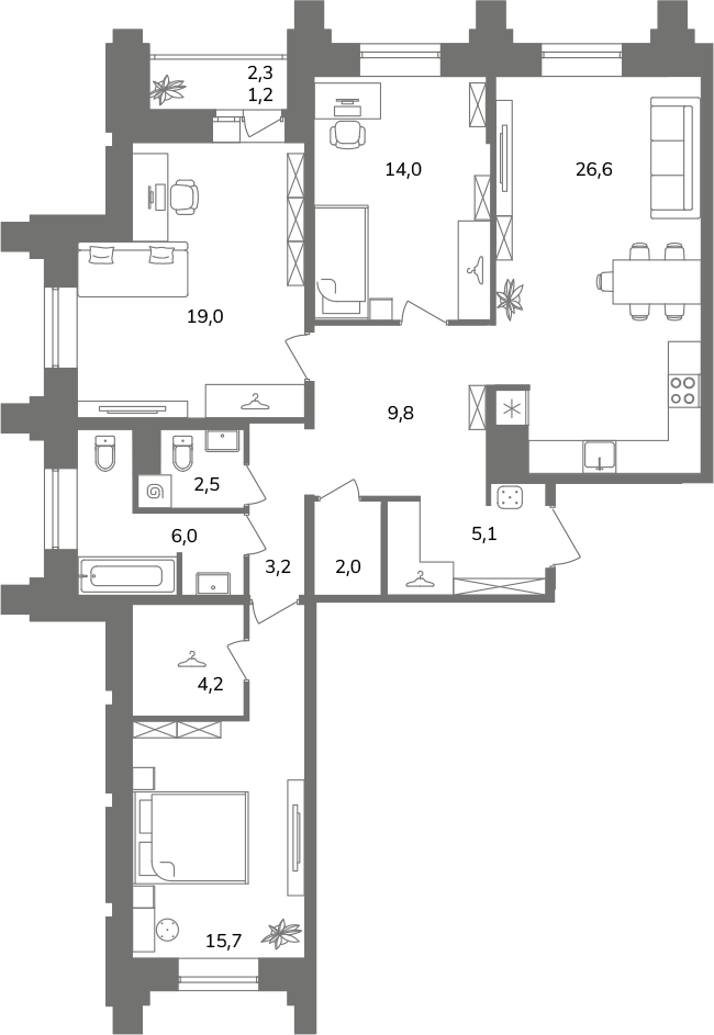 4-комнатная (Евро) квартира, 109.3 м² в ЖК "Антверпен" - планировка, фото №1