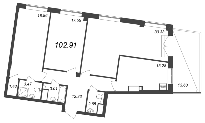 3-комнатная квартира, 107 м² - планировка, фото №1