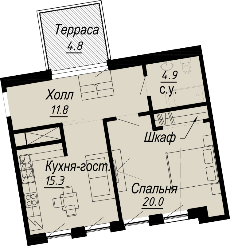 1-комнатная квартира, 54.4 м² - планировка, фото №1