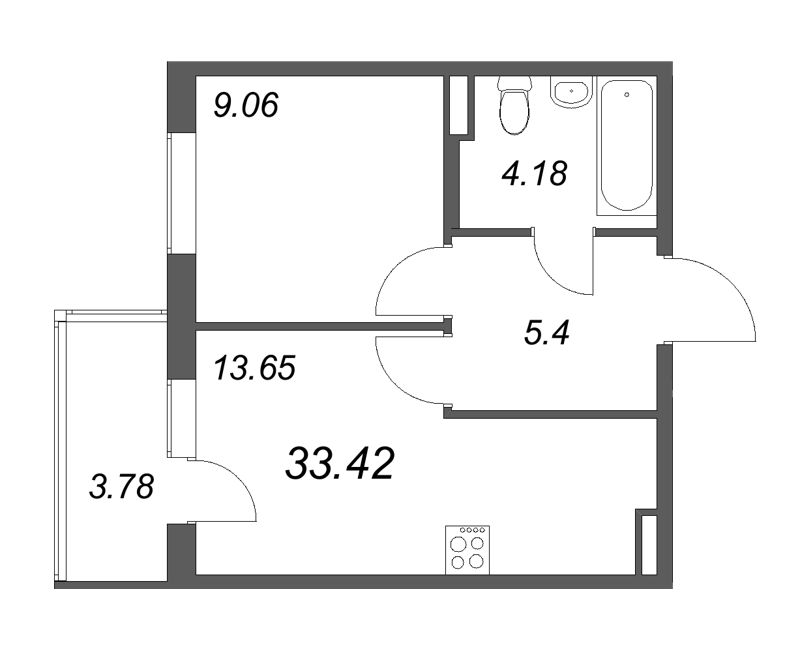 1-комнатная квартира, 33.42 м² в ЖК "Новая история" - планировка, фото №1