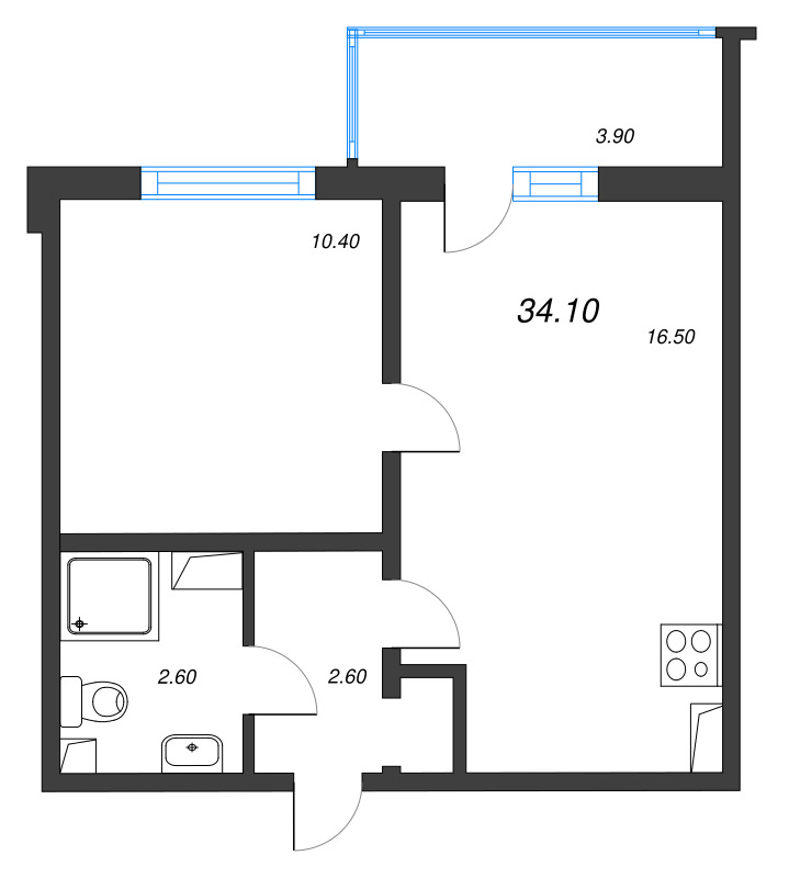 2-комнатная (Евро) квартира, 34.1 м² в ЖК "Цветной город" - планировка, фото №2