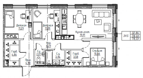 4-комнатная (Евро) квартира, 78.33 м² - планировка, фото №1