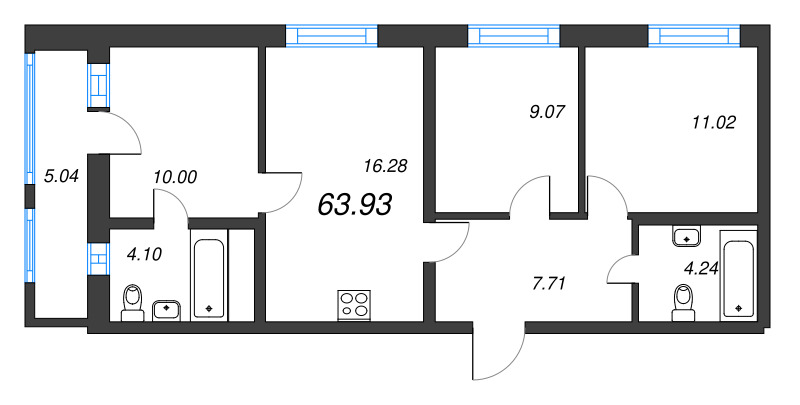 4-комнатная (Евро) квартира, 63.93 м² в ЖК "Старлайт" - планировка, фото №1