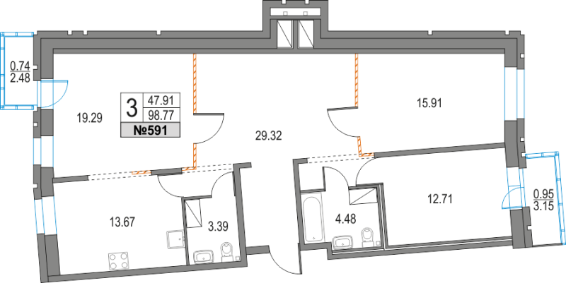 3-комнатная квартира, 98.77 м² в ЖК "Приморский квартал" - планировка, фото №1