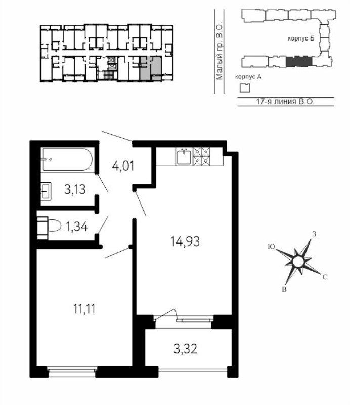 1-комнатная квартира, 36.18 м² в ЖК "17-я линия" - планировка, фото №1