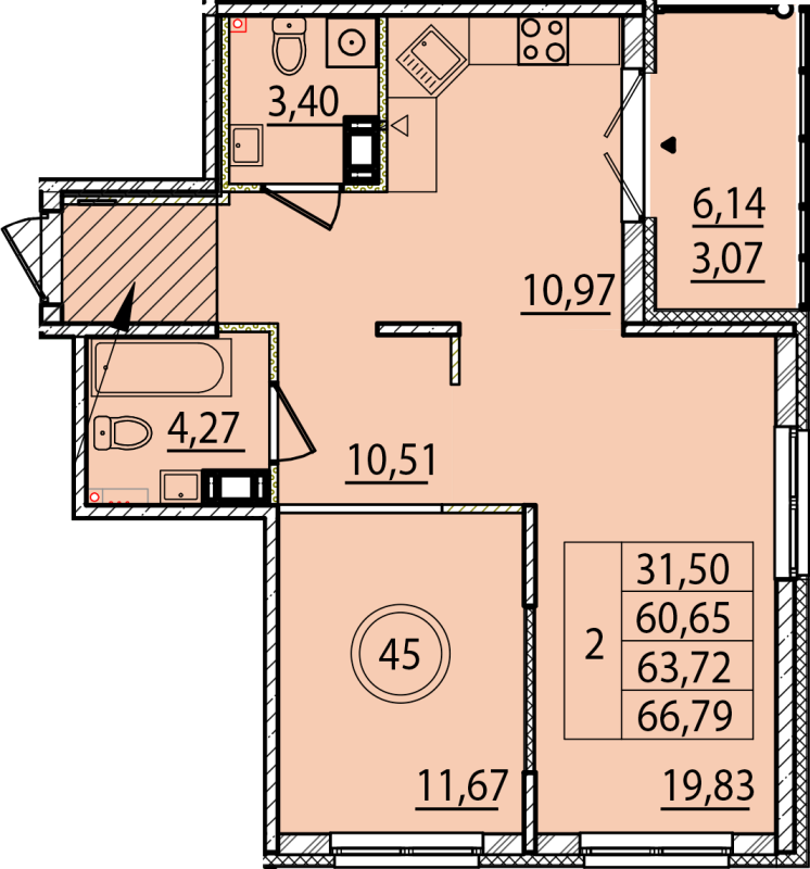 2-комнатная квартира, 60.65 м² - планировка, фото №1