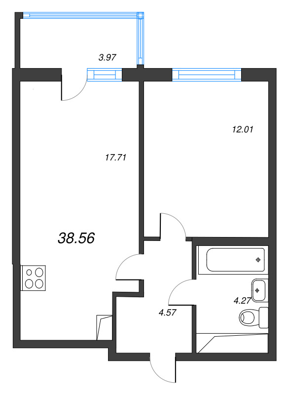 2-комнатная (Евро) квартира, 38.56 м² в ЖК "Ясно.Янино" - планировка, фото №1