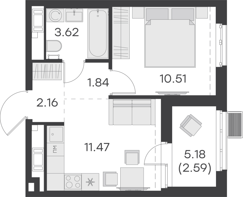 1-комнатная квартира, 32.19 м² - планировка, фото №1