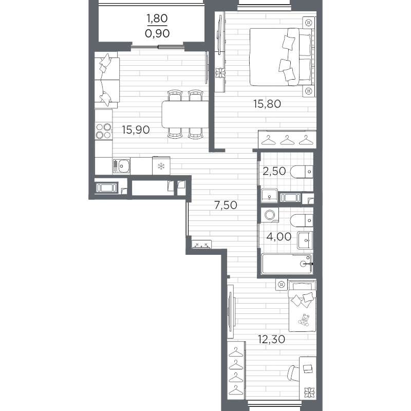 3-комнатная (Евро) квартира, 58.9 м² в ЖК "PLUS Пулковский" - планировка, фото №1