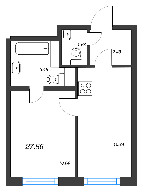 1-комнатная квартира, 27.86 м² - планировка, фото №1