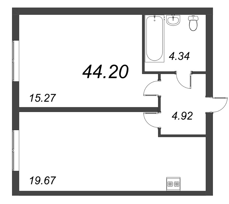 2-комнатная (Евро) квартира, 44.2 м² в ЖК "Bereg. Курортный" - планировка, фото №1