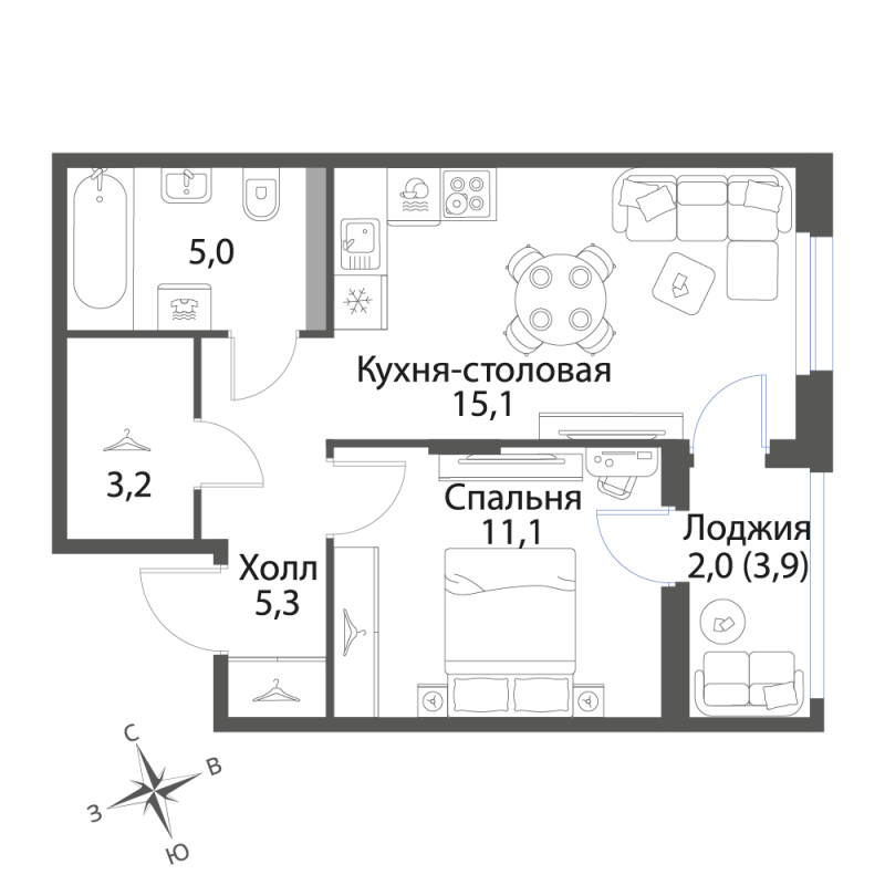 2-комнатная (Евро) квартира, 41.7 м² в ЖК "Экография" - планировка, фото №1