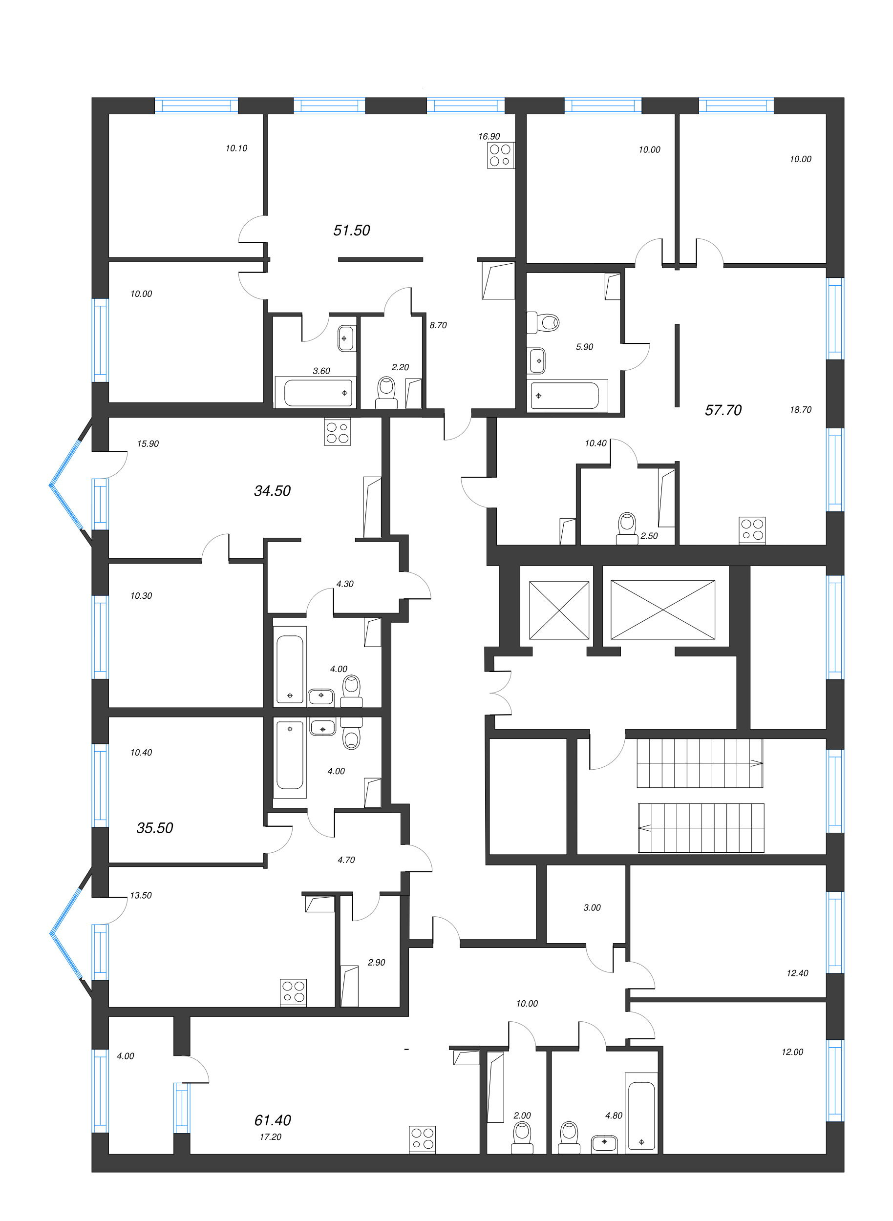 3-комнатная (Евро) квартира, 51.5 м² - планировка этажа