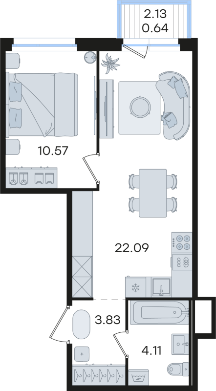 2-комнатная (Евро) квартира, 41.24 м² в ЖК "Романовка" - планировка, фото №1
