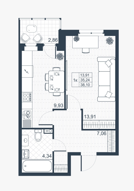 1-комнатная квартира, 35 м² в ЖК "Ново-Антропшино" - планировка, фото №1