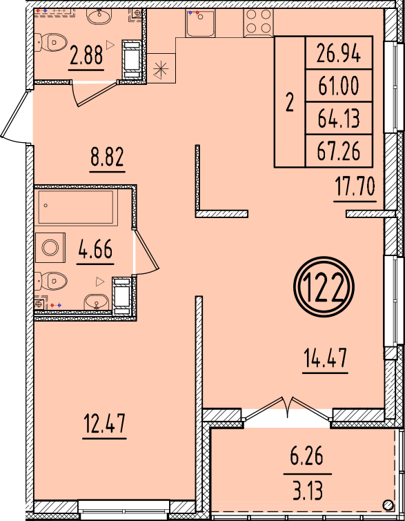 3-комнатная (Евро) квартира, 61 м² в ЖК "Образцовый квартал 6.4" - планировка, фото №1