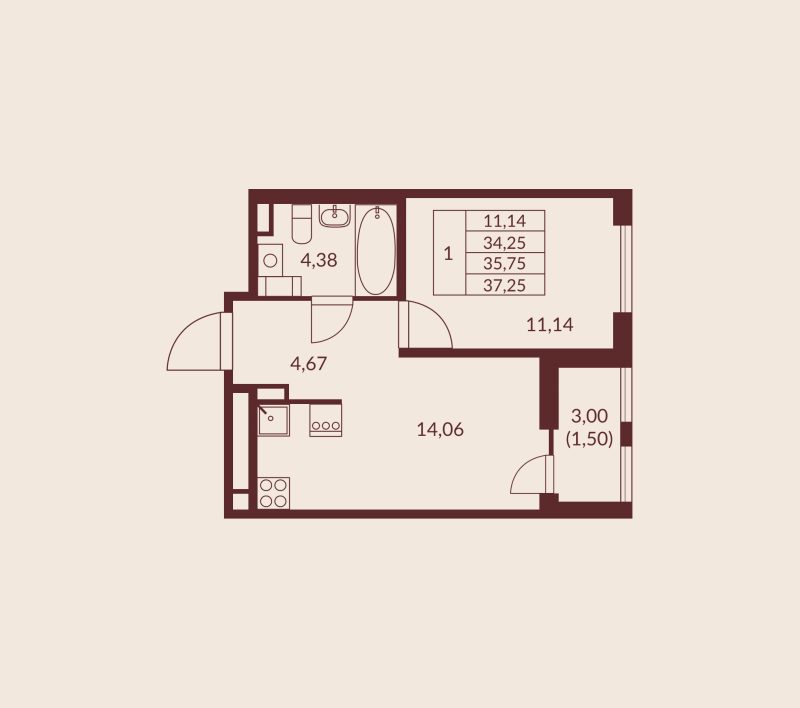 1-комнатная квартира, 35.75 м² в ЖК "Амурино" - планировка, фото №1
