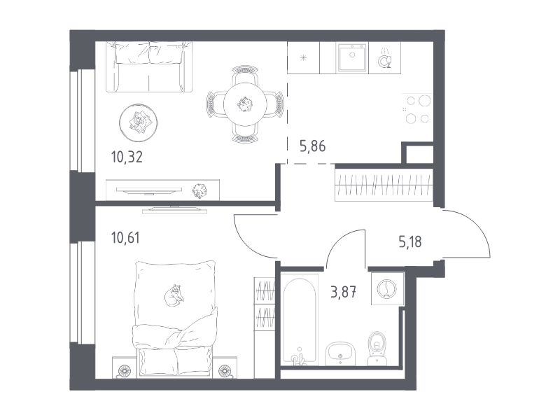 2-комнатная (Евро) квартира, 35.84 м² в ЖК "Живи! В Рыбацком" - планировка, фото №1