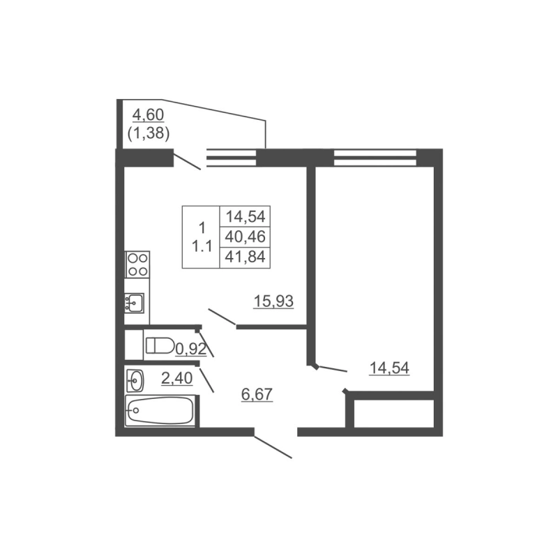 2-комнатная (Евро) квартира, 41.84 м² в ЖК "Тандем" - планировка, фото №1