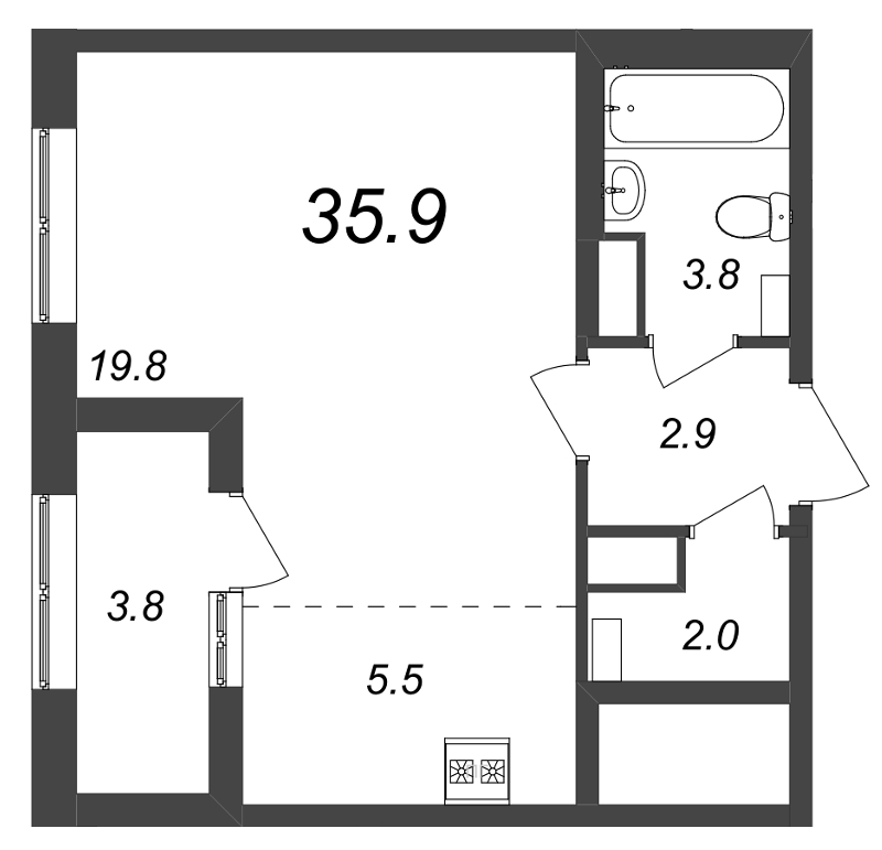 Квартира-студия, 35.9 м² - планировка, фото №1