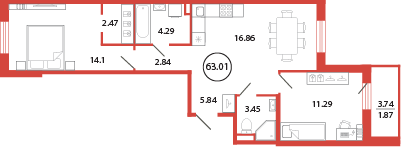 3-комнатная (Евро) квартира, 63.01 м² в ЖК "Энфилд" - планировка, фото №1