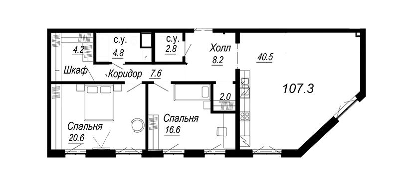 3-комнатная (Евро) квартира, 109.77 м² - планировка, фото №1