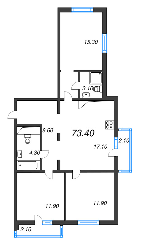 4-комнатная (Евро) квартира, 73.4 м² в ЖК "Дыбенко Парк" - планировка, фото №2