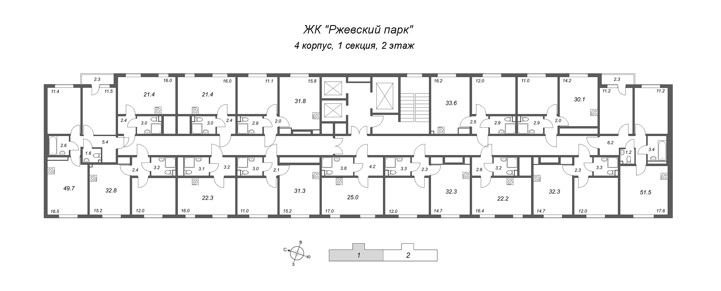2-комнатная (Евро) квартира, 31.3 м² в ЖК "ЛСР. Ржевский парк" - планировка этажа