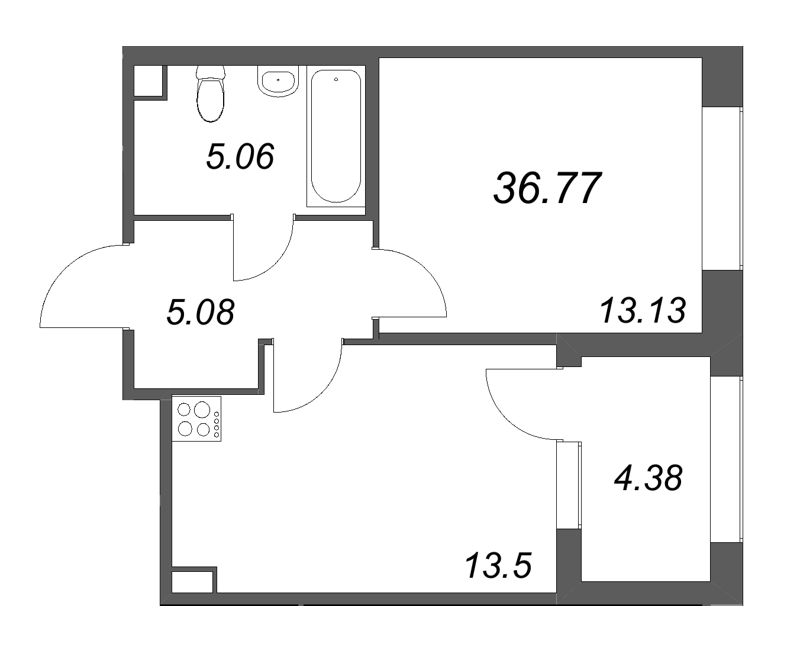 1-комнатная квартира, 36.77 м² в ЖК "Дом на Курской" - планировка, фото №1