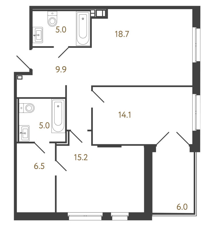 3-комнатная (Евро) квартира, 74.4 м² в ЖК "Репин" - планировка, фото №1