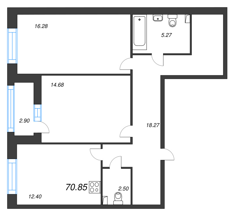 3-комнатная (Евро) квартира, 70.85 м² - планировка, фото №1