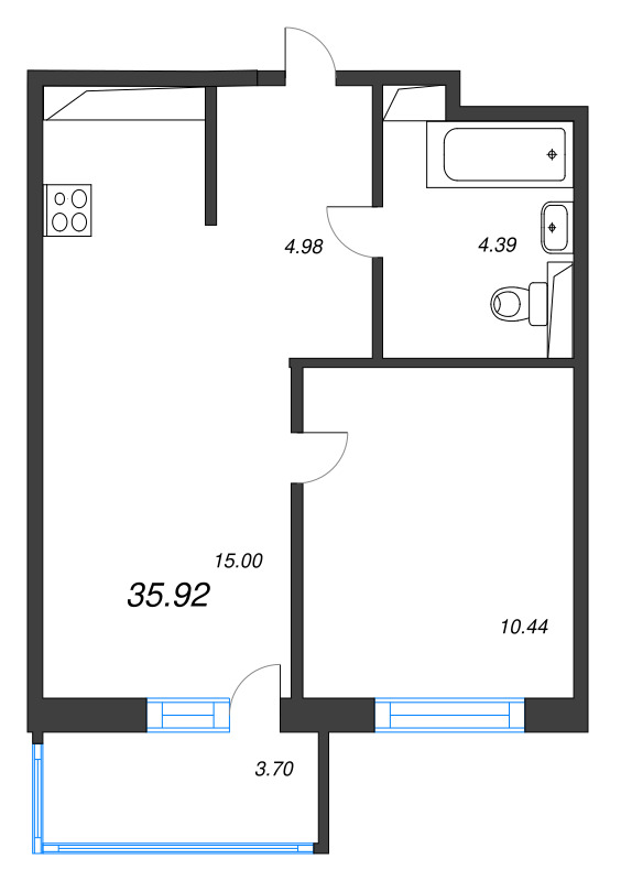 2-комнатная (Евро) квартира, 35.92 м² в ЖК "Окла" - планировка, фото №1