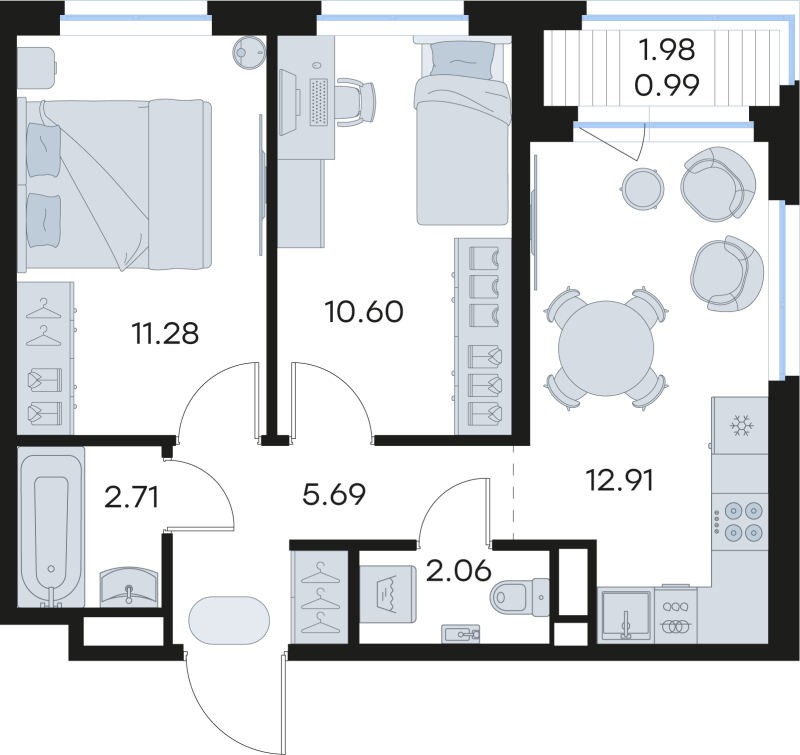 2-комнатная квартира, 46.24 м² - планировка, фото №1