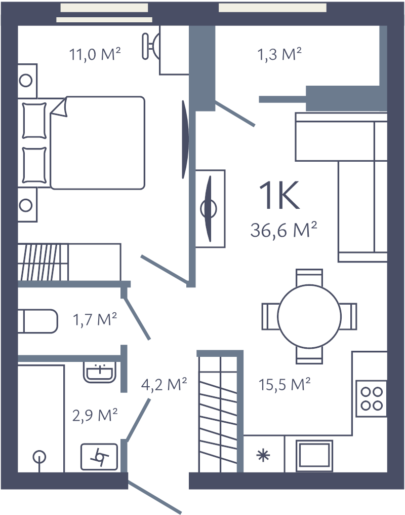 2-комнатная (Евро) квартира, 36.6 м² в ЖК "Лендлер" - планировка, фото №1