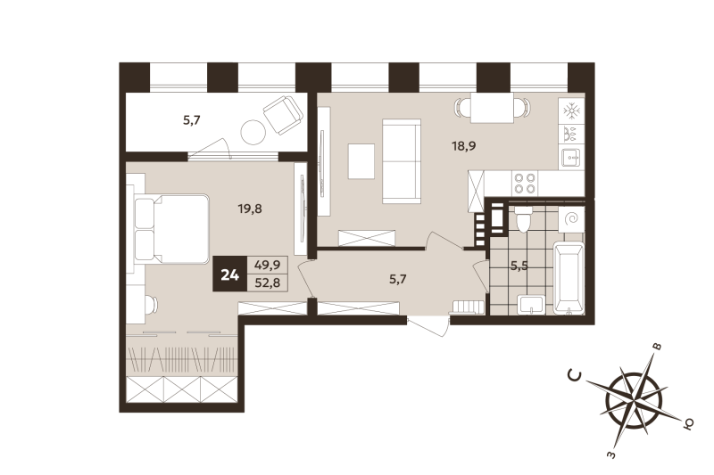 2-комнатная (Евро) квартира, 49.9 м² в ЖК "Дом на Бронницкой" - планировка, фото №1