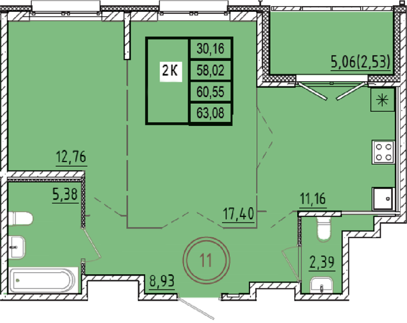 2-комнатная квартира, 58.02 м² в ЖК "Образцовый квартал 9.1" - планировка, фото №1