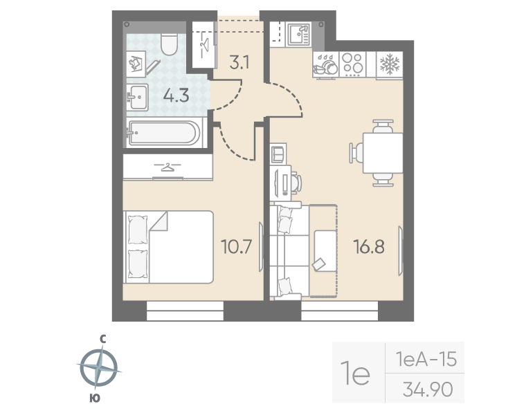 2-комнатная (Евро) квартира, 34.9 м² в ЖК "Большая Охта" - планировка, фото №1