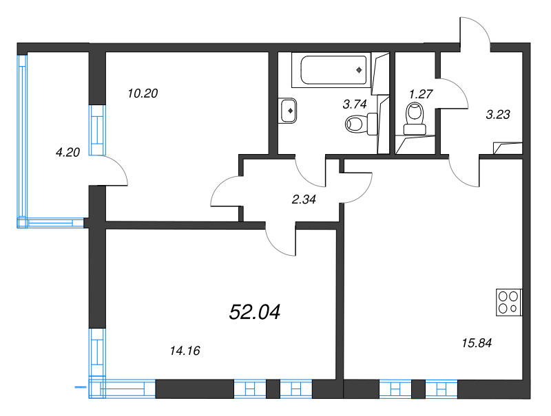 3-комнатная (Евро) квартира, 52.04 м² в ЖК "Аэросити" - планировка, фото №1