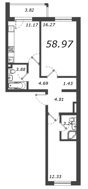2-комнатная квартира, 58.7 м² - планировка, фото №1