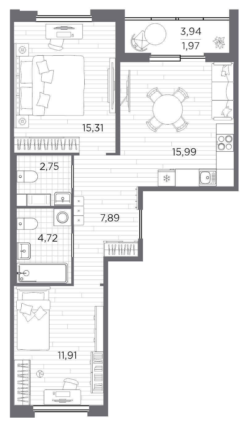 3-комнатная (Евро) квартира, 60.54 м² - планировка, фото №1