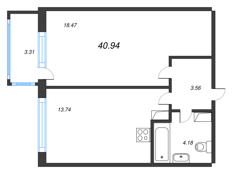 1-комнатная квартира, 43.26 м² - планировка, фото №1