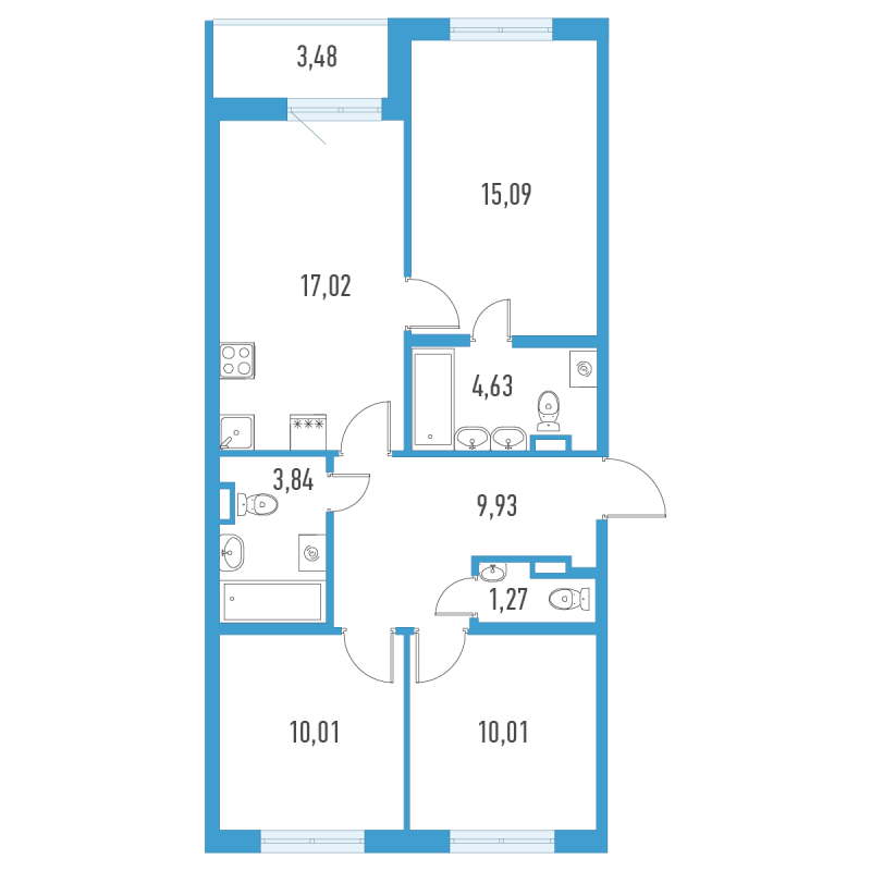4-комнатная (Евро) квартира, 75.34 м² в ЖК "Аэросити" - планировка, фото №1