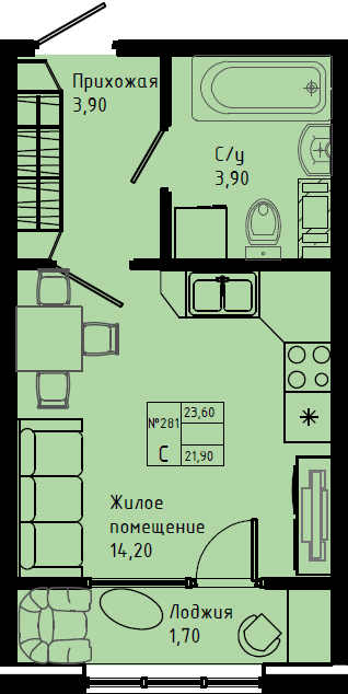 Квартира-студия, 23.6 м² в ЖК "Pixel" - планировка, фото №1