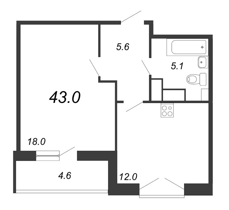 1-комнатная квартира, 43.1 м² - планировка, фото №1
