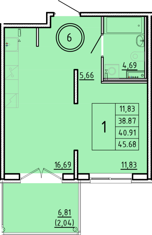 2-комнатная (Евро) квартира, 38.87 м² в ЖК "Образцовый квартал 16" - планировка, фото №1