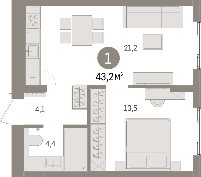 2-комнатная (Евро) квартира, 43.2 м² в ЖК "Брусника в Новоселье" - планировка, фото №1